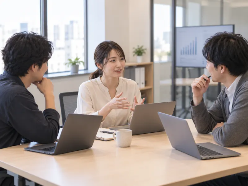 オフィスで3人が自然に会話する様子